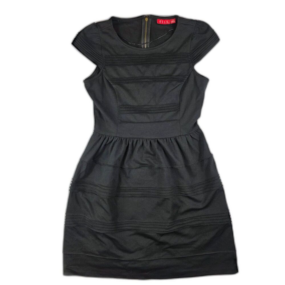 Elle Black Cap Sleeve Pintuck Fit & Flare Skater Cocktail Dress Mini Size 10